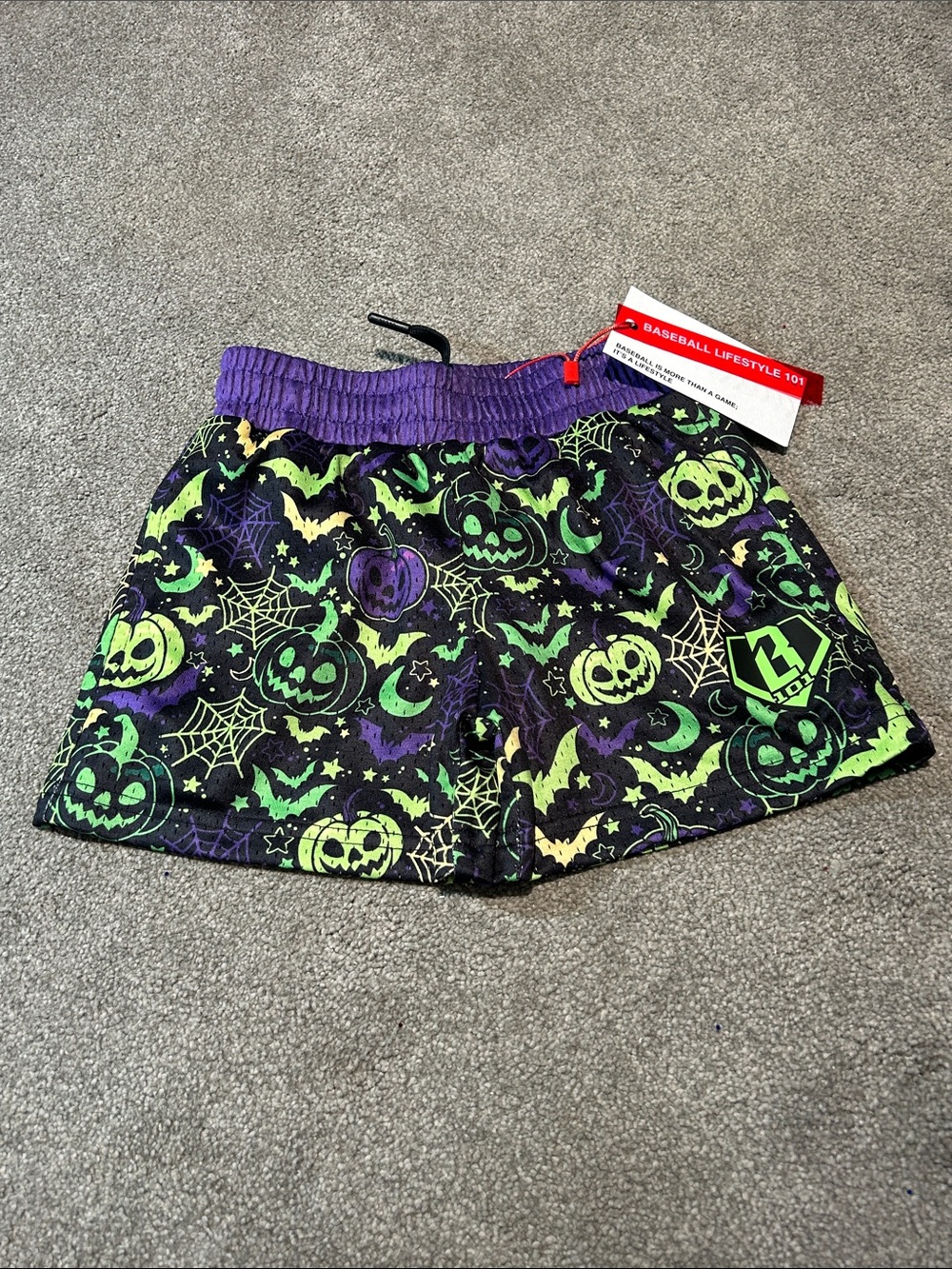 Kids Halloween Pumpkin Print Shorts with Purple Waistband